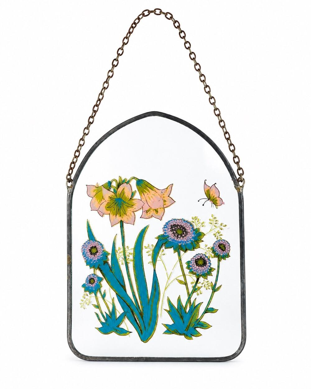 Vintage Painted Glass Suncatcher Floral Butterfly Double Sided Hanging Decor